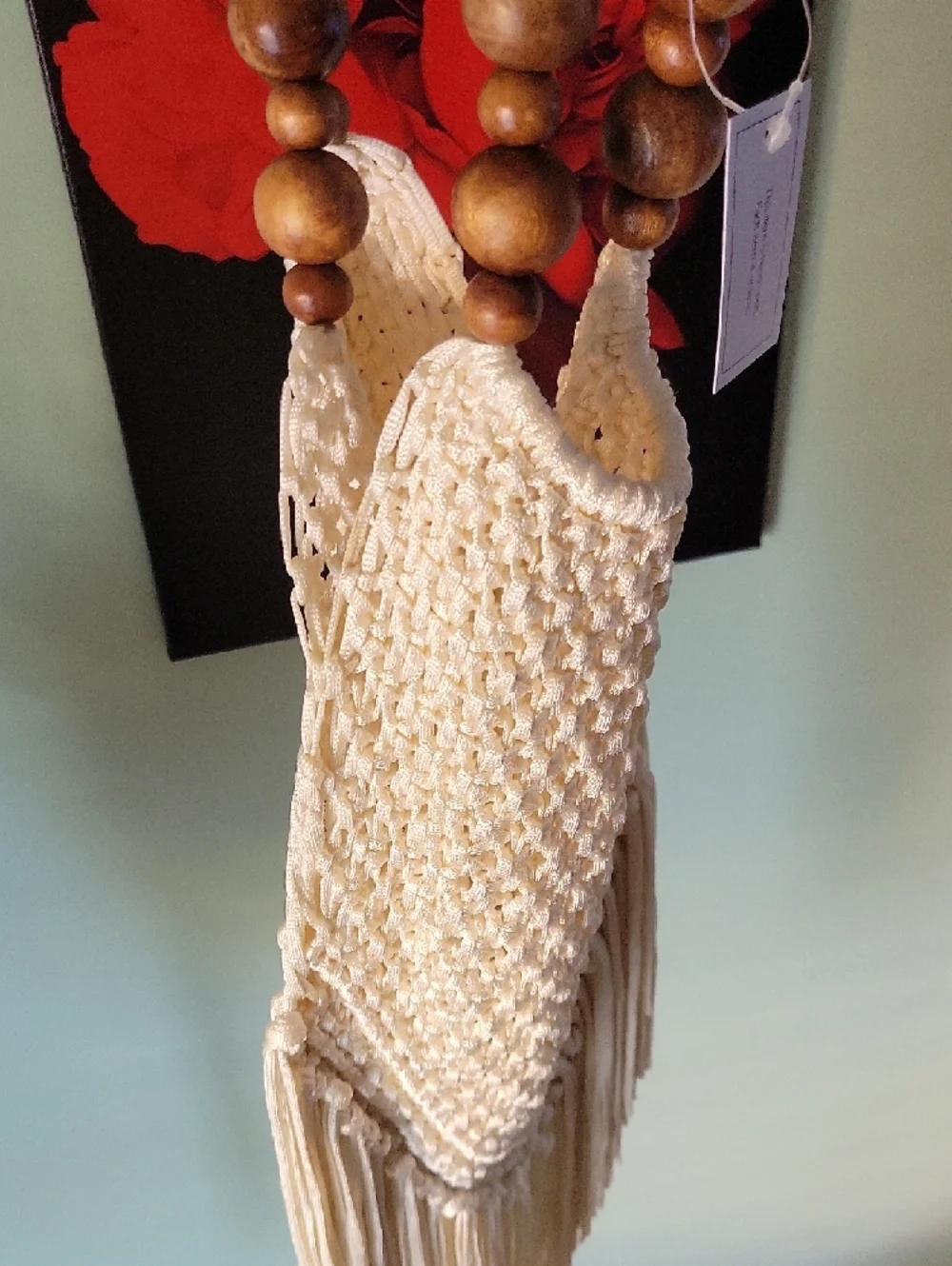 Boho Fringe Hobo Bag with Wooden Bead Handles - Cream